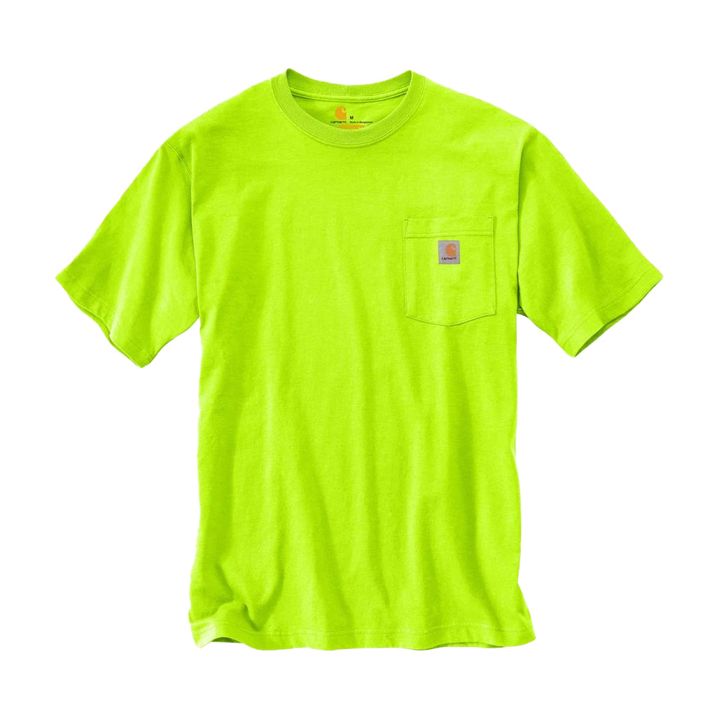 A bright lime green, short-sleeved Carhartt t-shirt with a pocket on the chest.