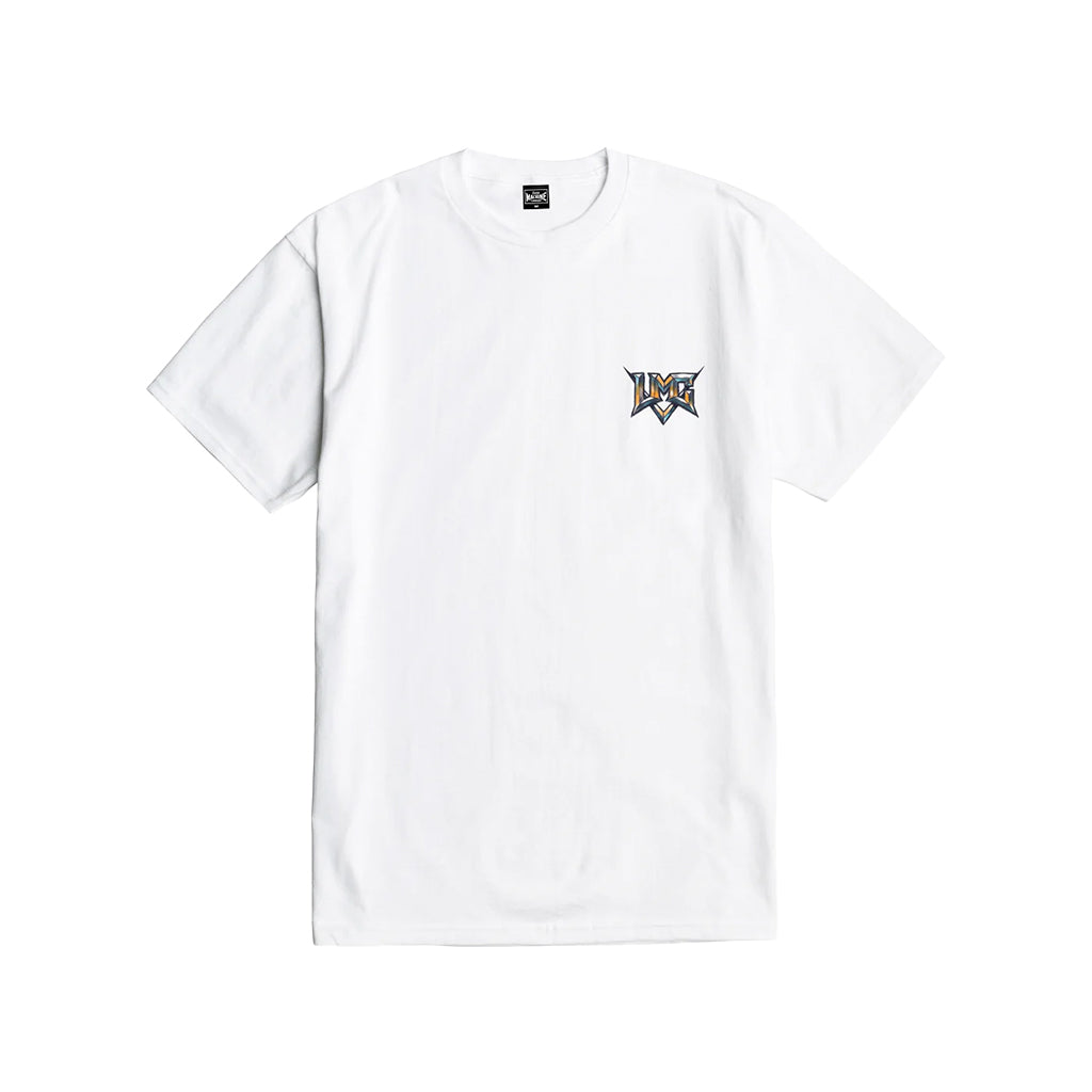 Front of white shirt with a small LMC logo on the chest