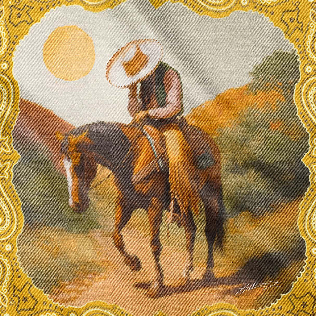 Cowboy on a horse with a scenic background and decorative border