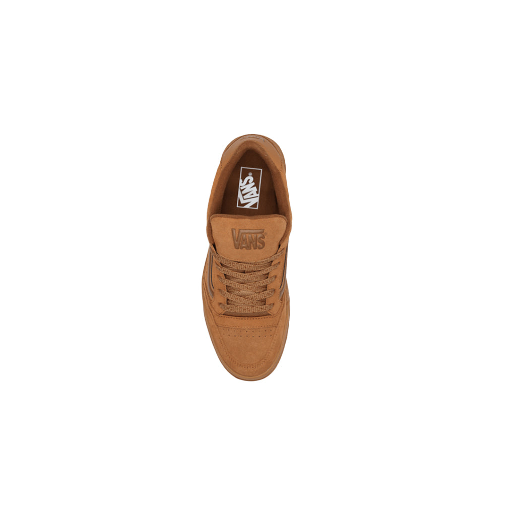 Brown sneaker with a vans logo on a white background
