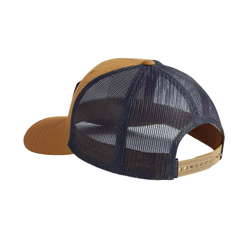 Trucker cap with brown visor and mesh back on a white background