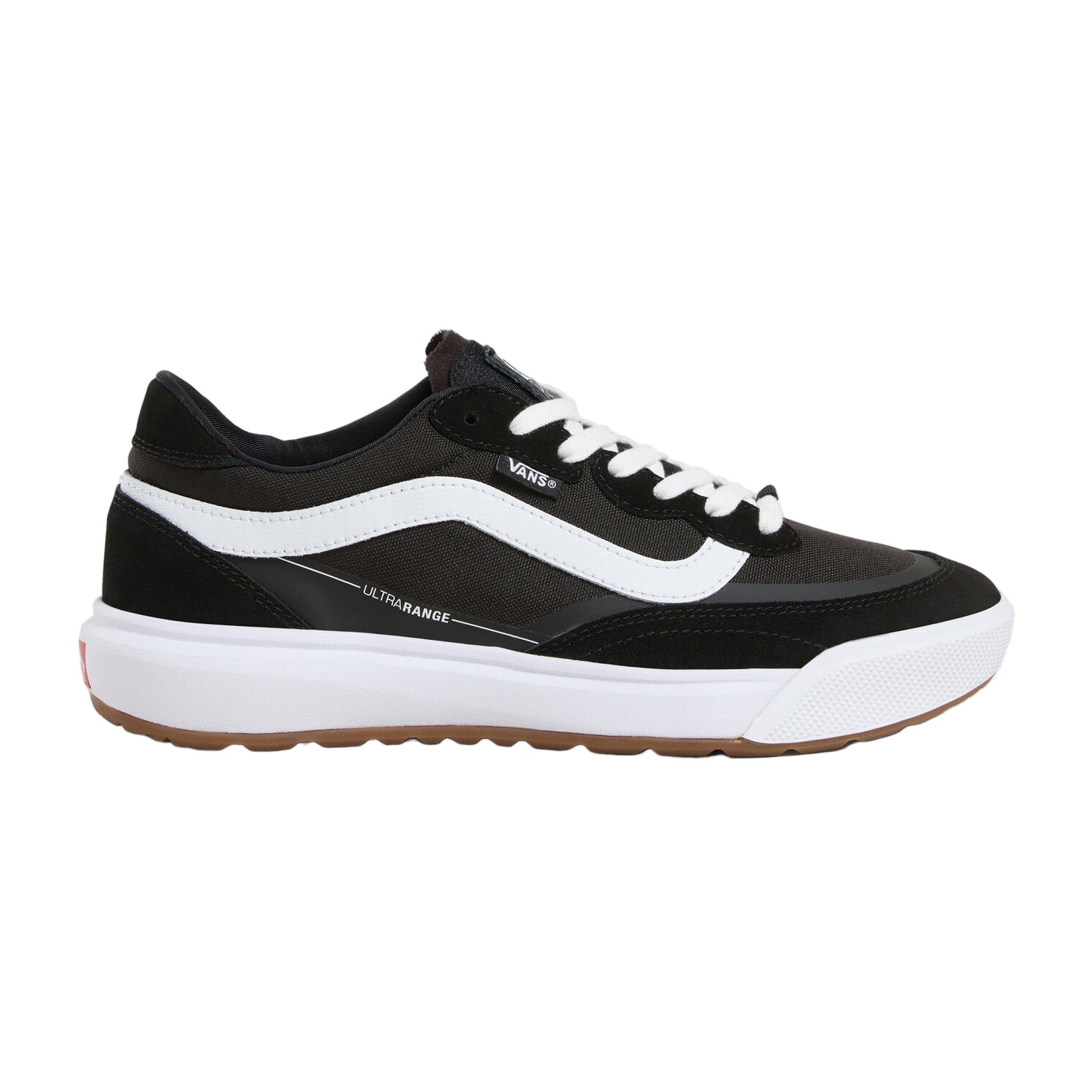 Black and white sneaker with 'Vans' branding on a white background
