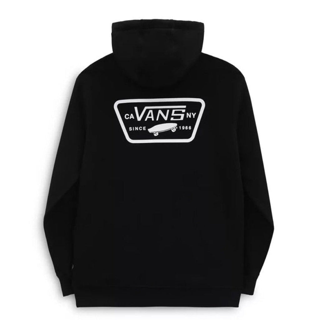 A black pullover hoodie with a 'Vans NY' logo on the back, featuring an adjustable hood, long sleeves, and a kangaroo pouch pocket.