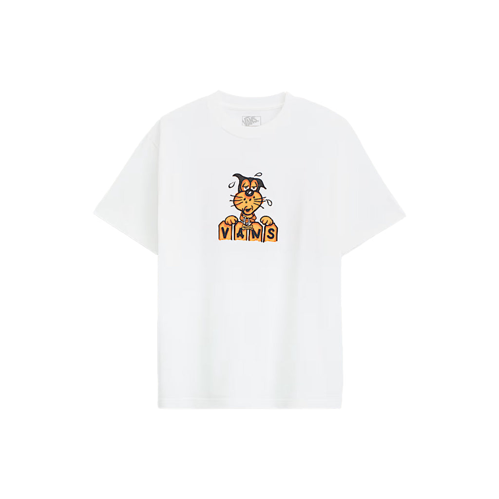 White t-shirt with a cartoon character and 'Vans' logo on a white background