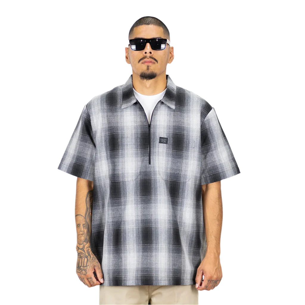 Short Sleeve Checker Zip Shirt Black/Grey