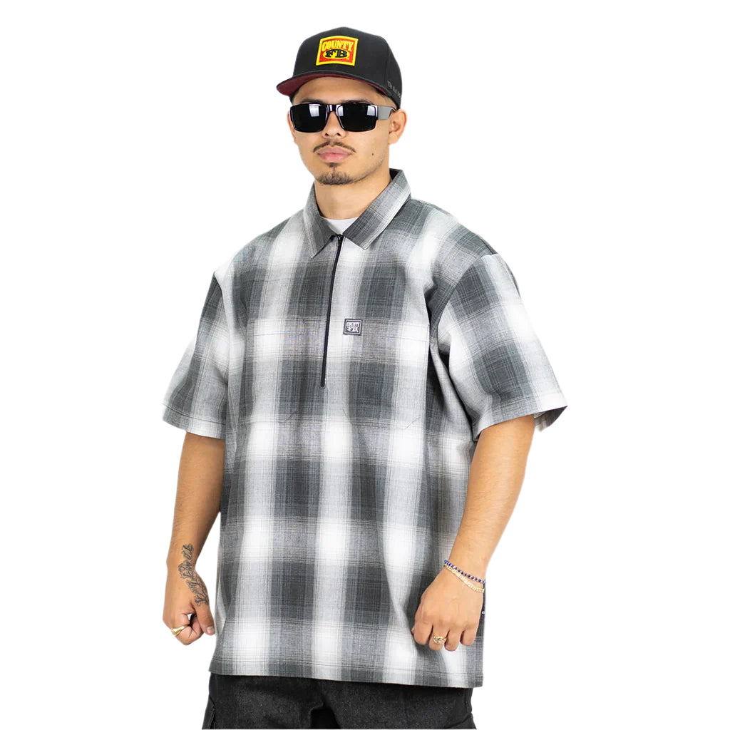 Short Sleeve Checker Zip Shirt Charcoal/White