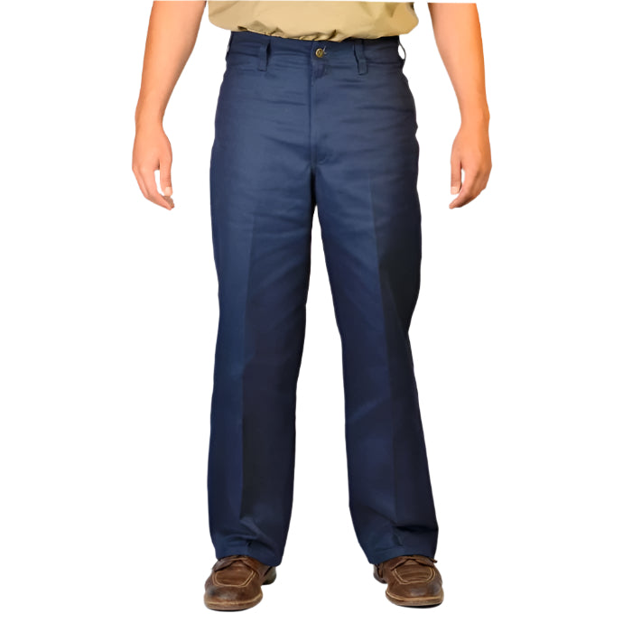 A person standing wearing navy blue, heavyweight twill blend pants.