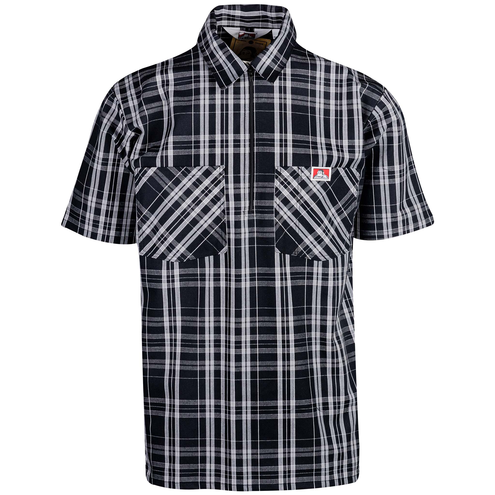 Half Zip Short Sleeve Black & White Plaid Front