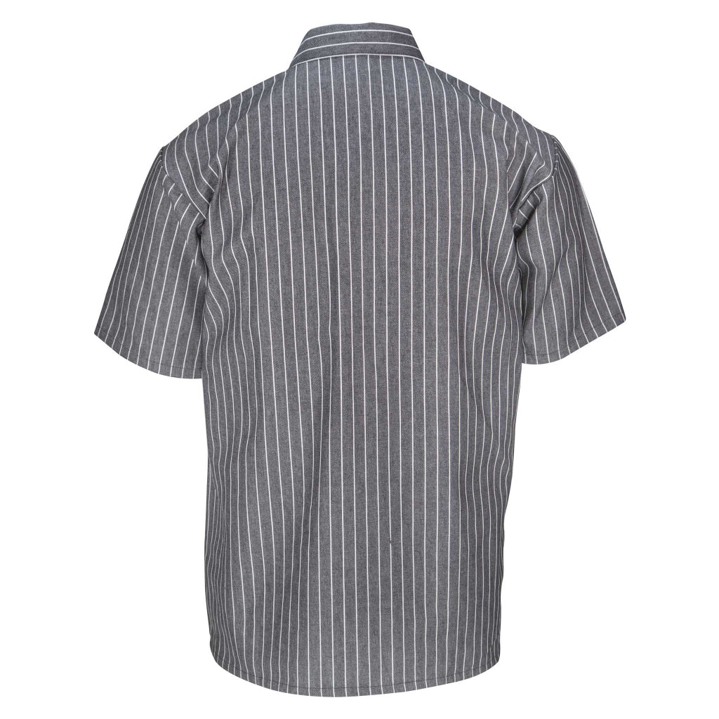 back of a short sleeve, striped work shirt