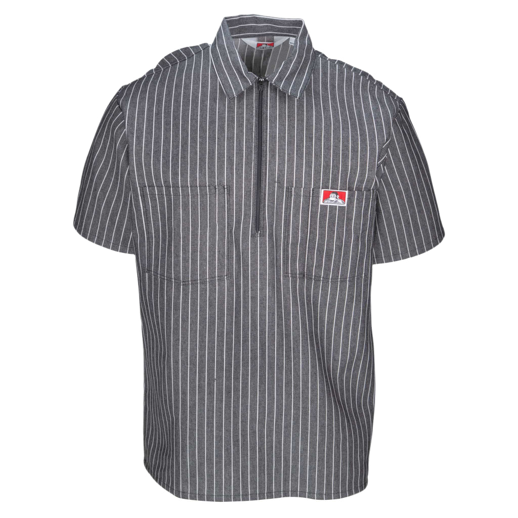 A short sleeve, striped work shirt with a half zip placket and two chest pockets.