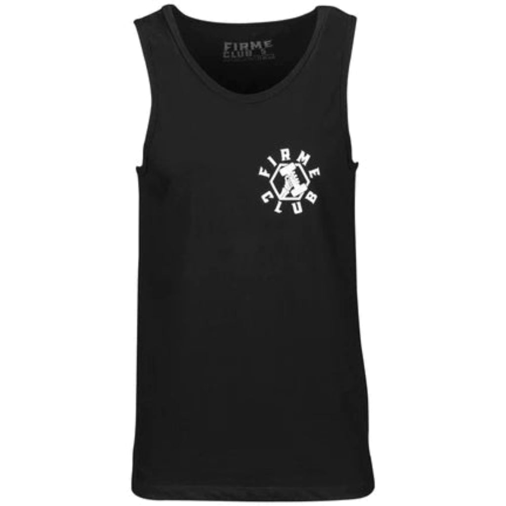 A black tank top with a white logo on the front.