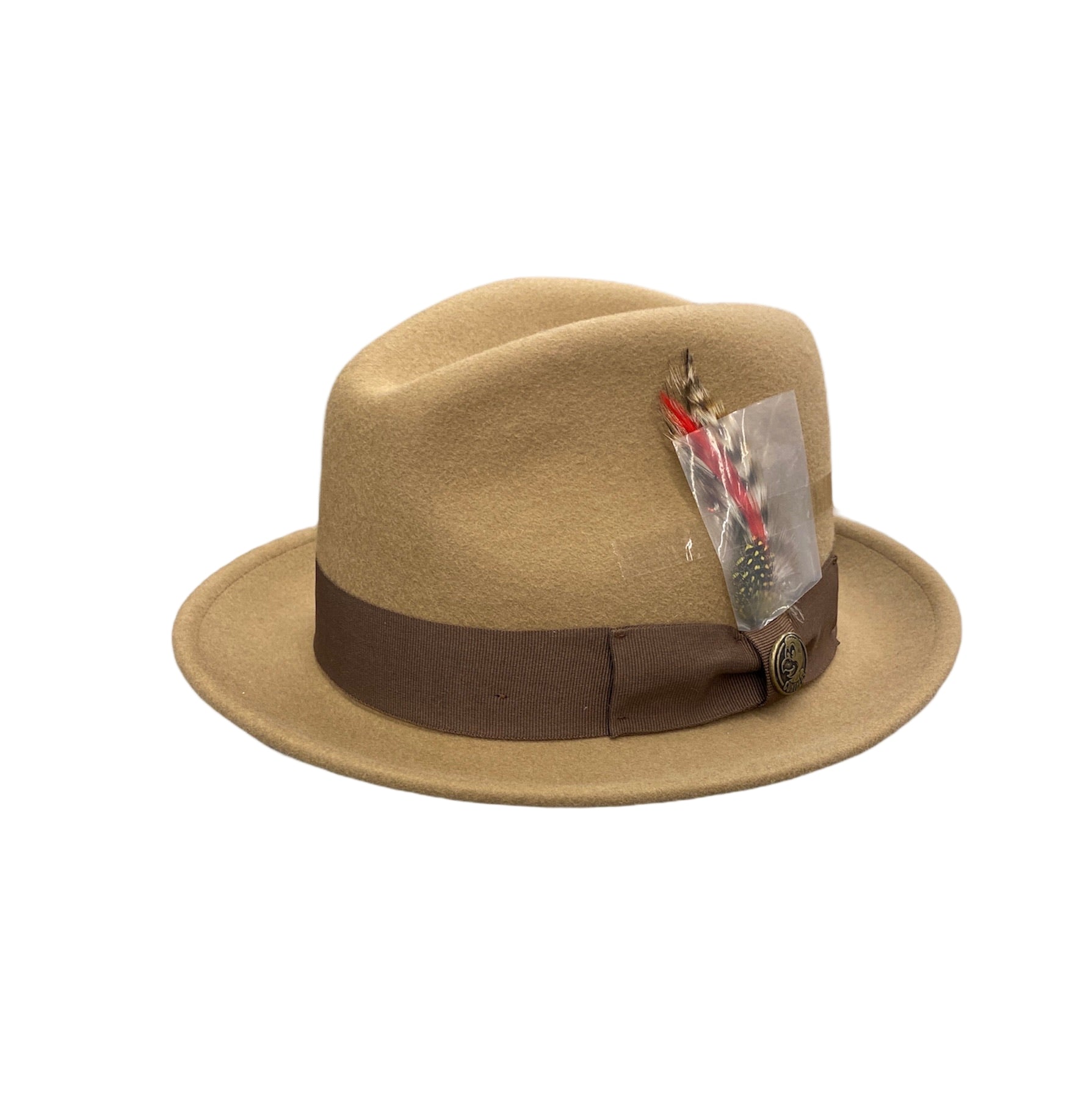 A light brown fedora hat with a brown band and a tag attached to it.