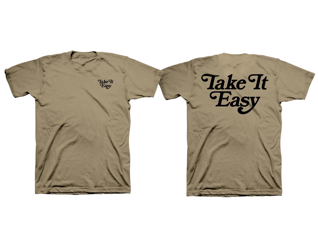 Tan t-shirt with 'Take It Easy' text on a white background