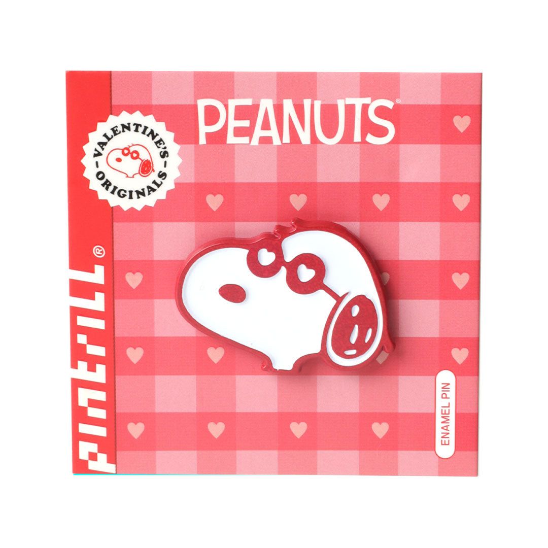 Peanuts-themed enamel pin on a red checkered background with 'Pimbell' branding.