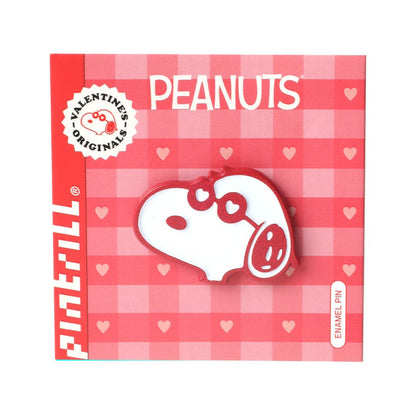 Peanuts-themed enamel pin on a red checkered background with 'Pimbell' branding.
