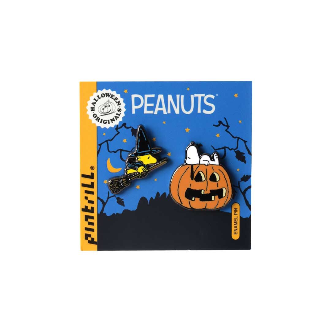 Peanuts Halloween-themed pins on a blue card with 'Peanuts' branding.