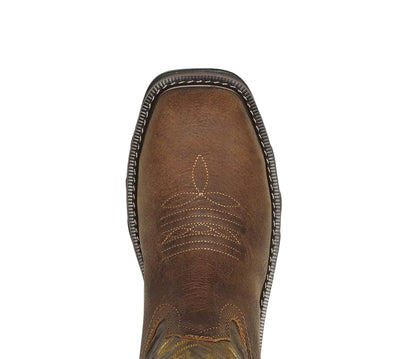 Brown leather boot with detailed stitching on a white background