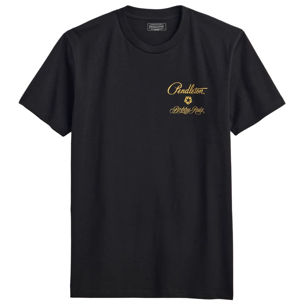 Black t-shirt with gold logo on a white background