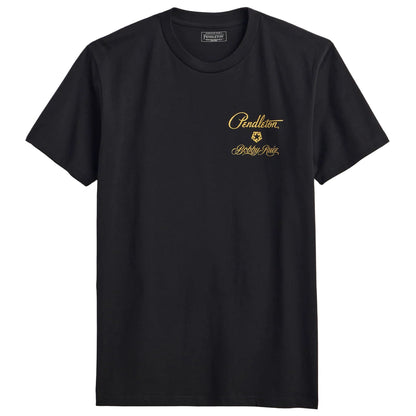 Black t-shirt with gold logo on a white background