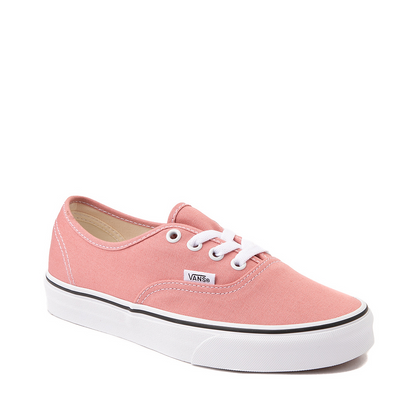 A pink and white Vans Authentic low-top skate shoe with lace-up closure on a white background.
