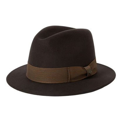 Brown fedora hat with a brown band on a white background
