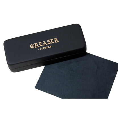 Black eyewear case with 'Greaser Eyewear' branding on a white background