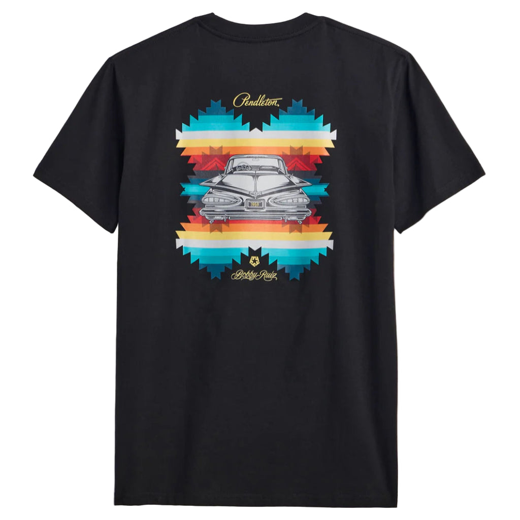 Black t-shirt with a colorful graphic of a car on a white background