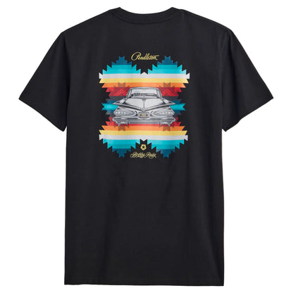 Black t-shirt with a colorful graphic of a car on a white background