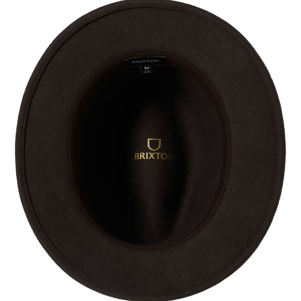 Black fedora hat with Brixton logo on a white background