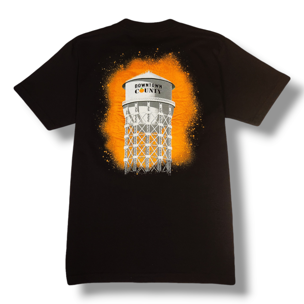 Black t-shirt with a water tower graphic on the back against a white background