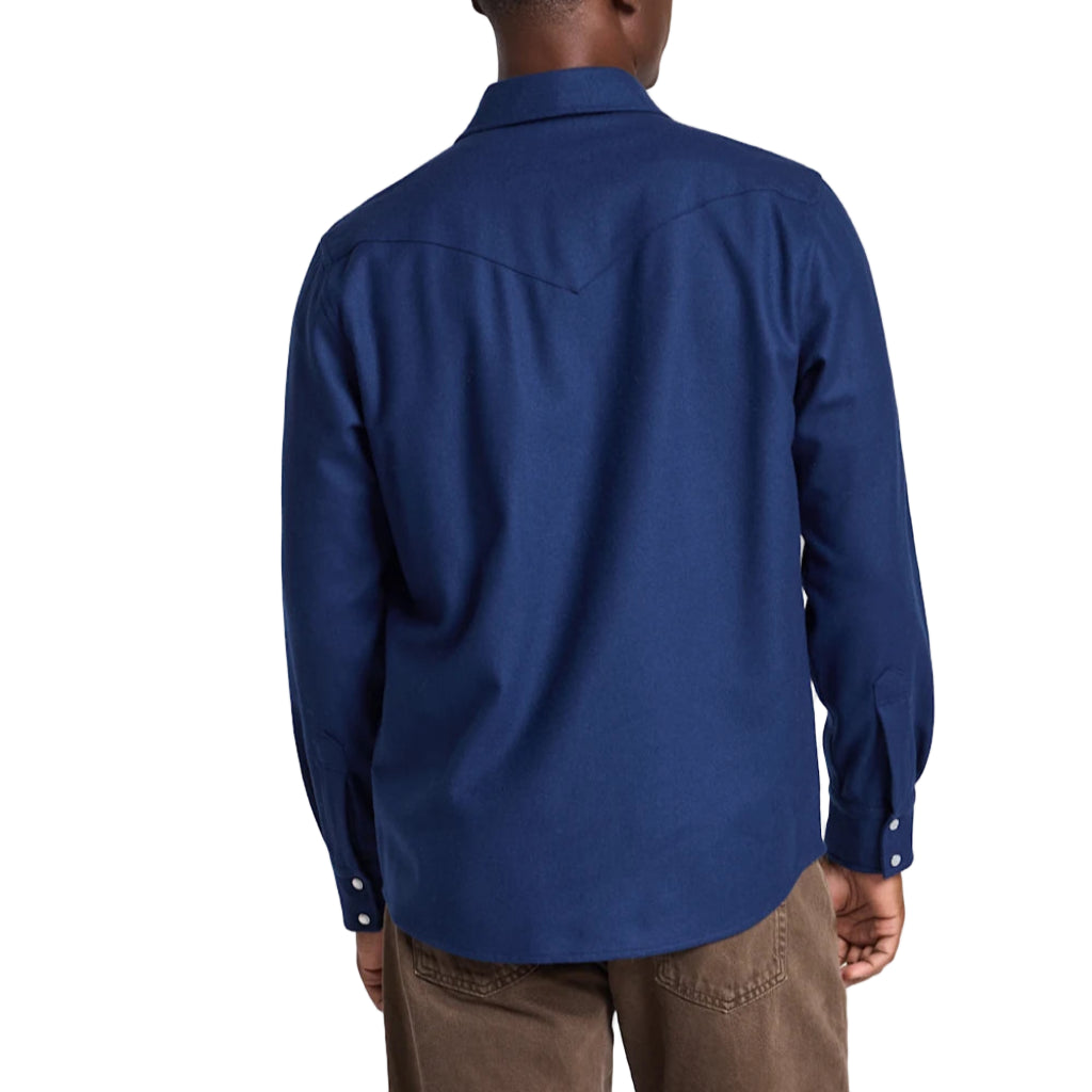 Man wearing a blue shirt on a white background
