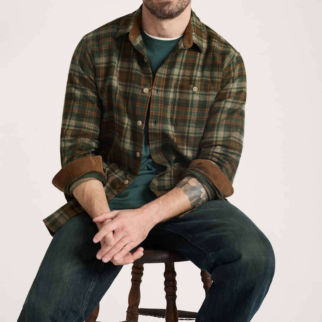 Man wearing a plaid shirt and jeans sitting on a stool against a plain background