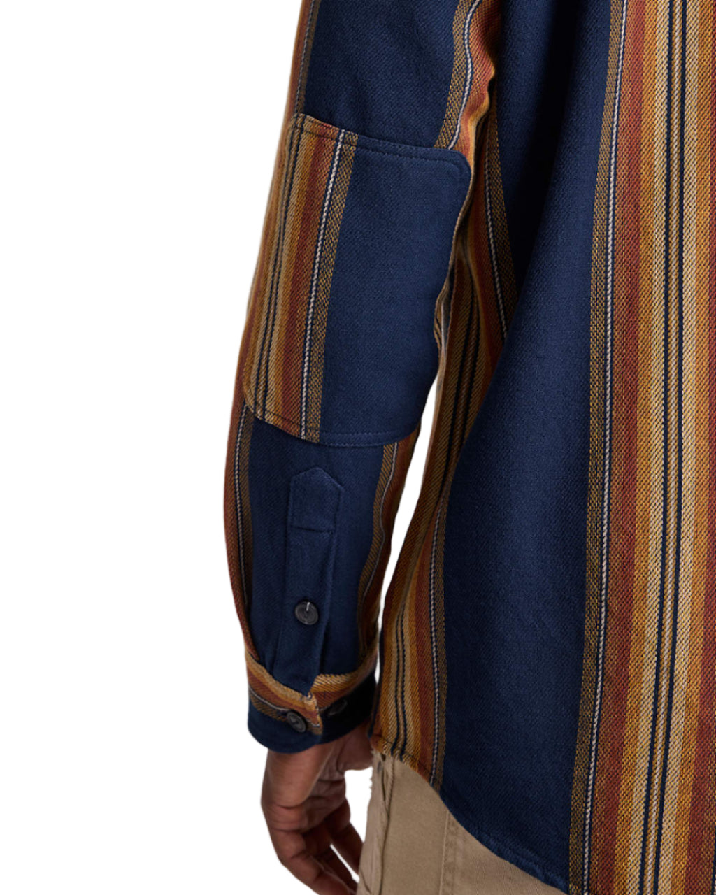 Close-up of a blue and striped jacket with a pocket on a light background