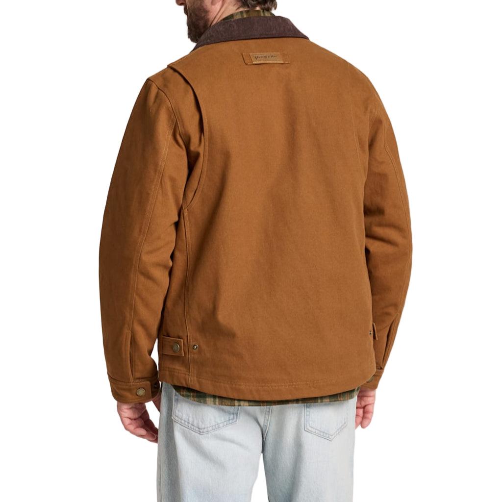 Brown jacket worn by a person on a white background