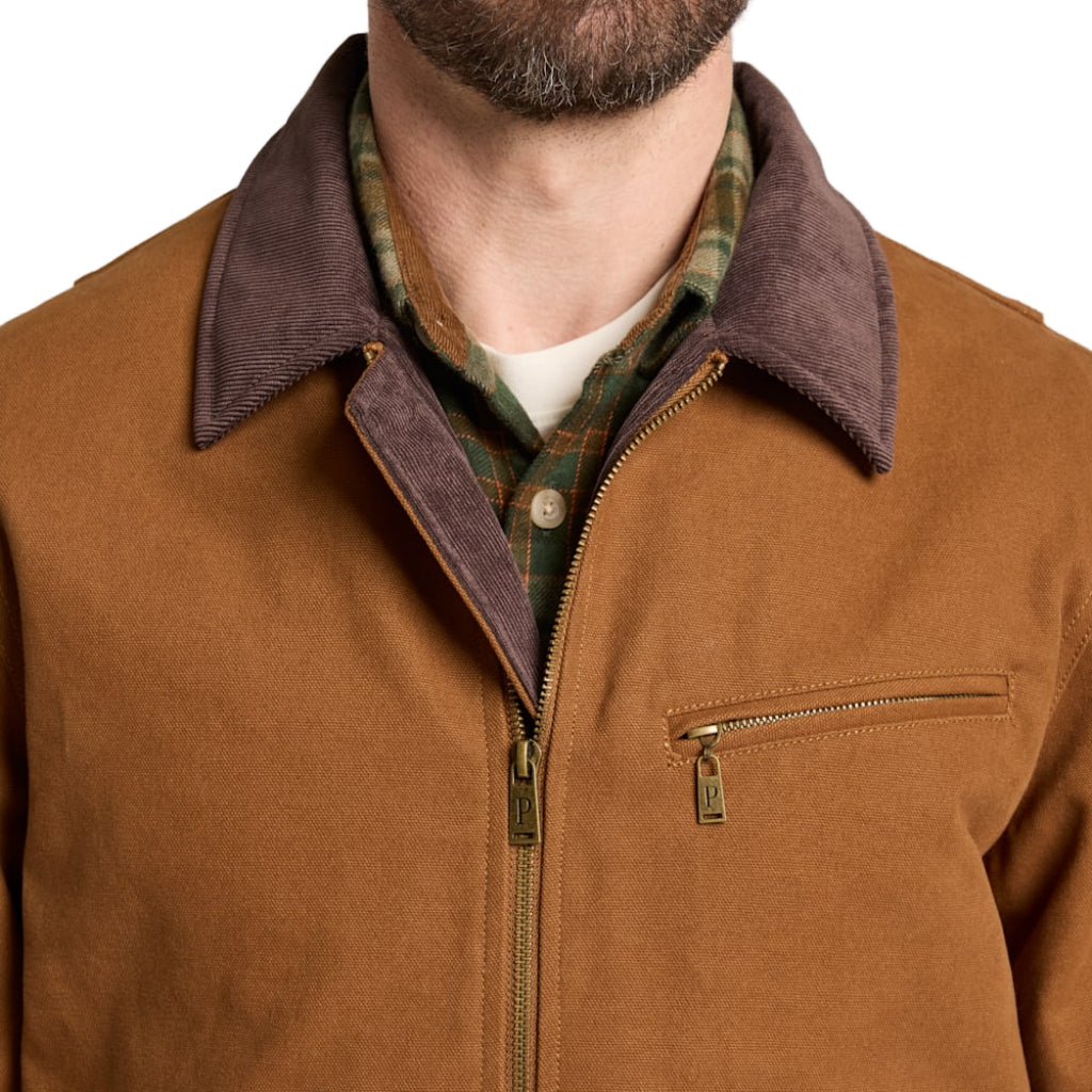 Brown jacket with a dark brown collar and plaid shirt underneath on a white background