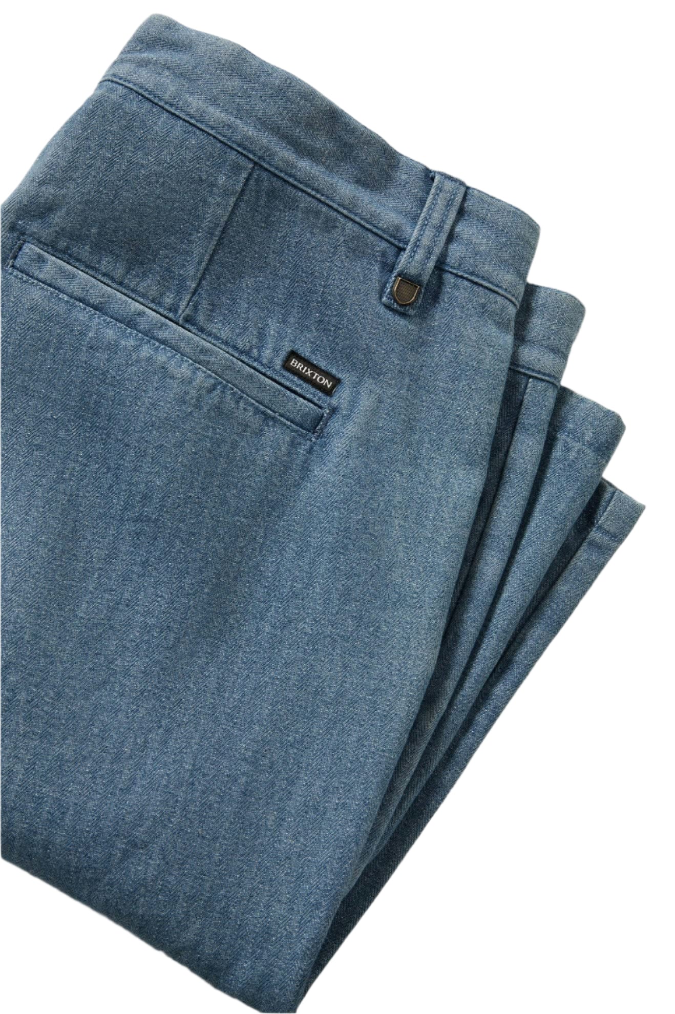 Folded blue shorts with a brand label on a white background