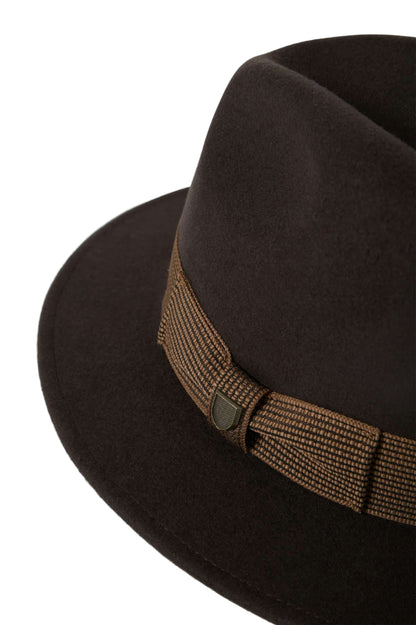 Brown fedora hat with a brown band on a white background