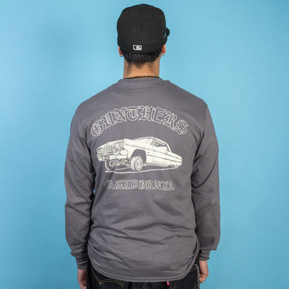 Person wearing a gray long-sleeve shirt with a graphic design on the back against a blue background