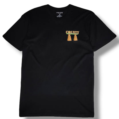 Black t-shirt with a logo on the chest against a white background