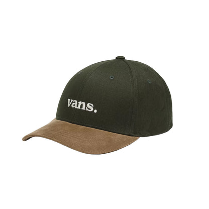Two-toned cap with brown visor and green bill on a white background, featuring the Vans logo.