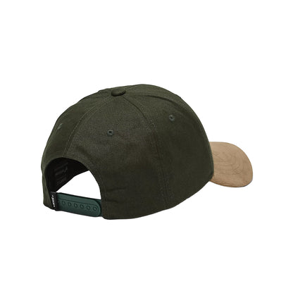 Dark green cap with a tan interior on a white background