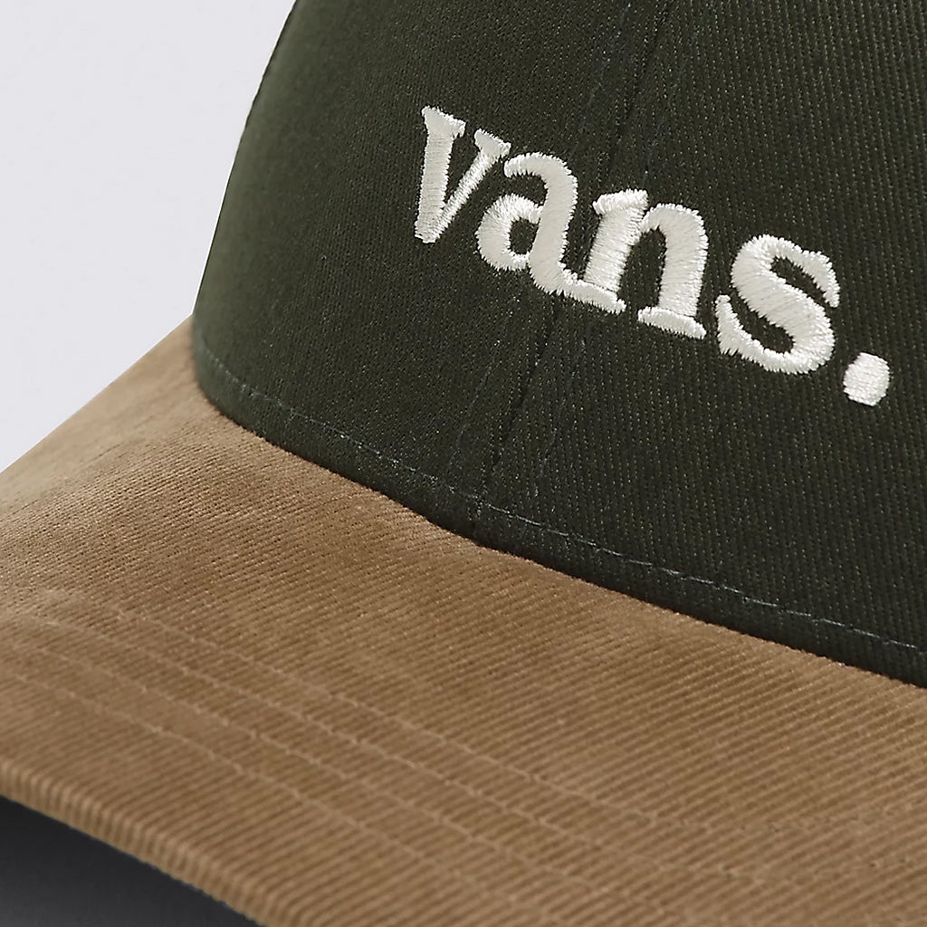 Close-up of a cap with 'vans.' logo on a light gray background