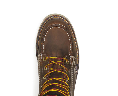 Brown leather boot with yellow laces on a white background
