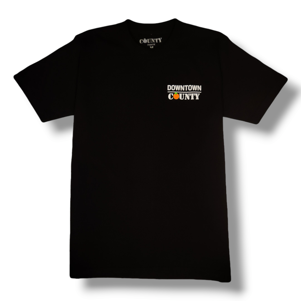 Black t-shirt with 'Downtown County' text on a white background