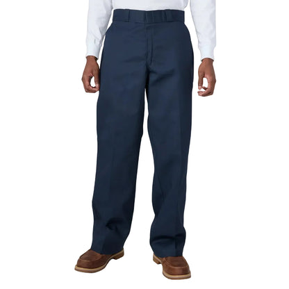 Navy blue pants worn by a person on a white background