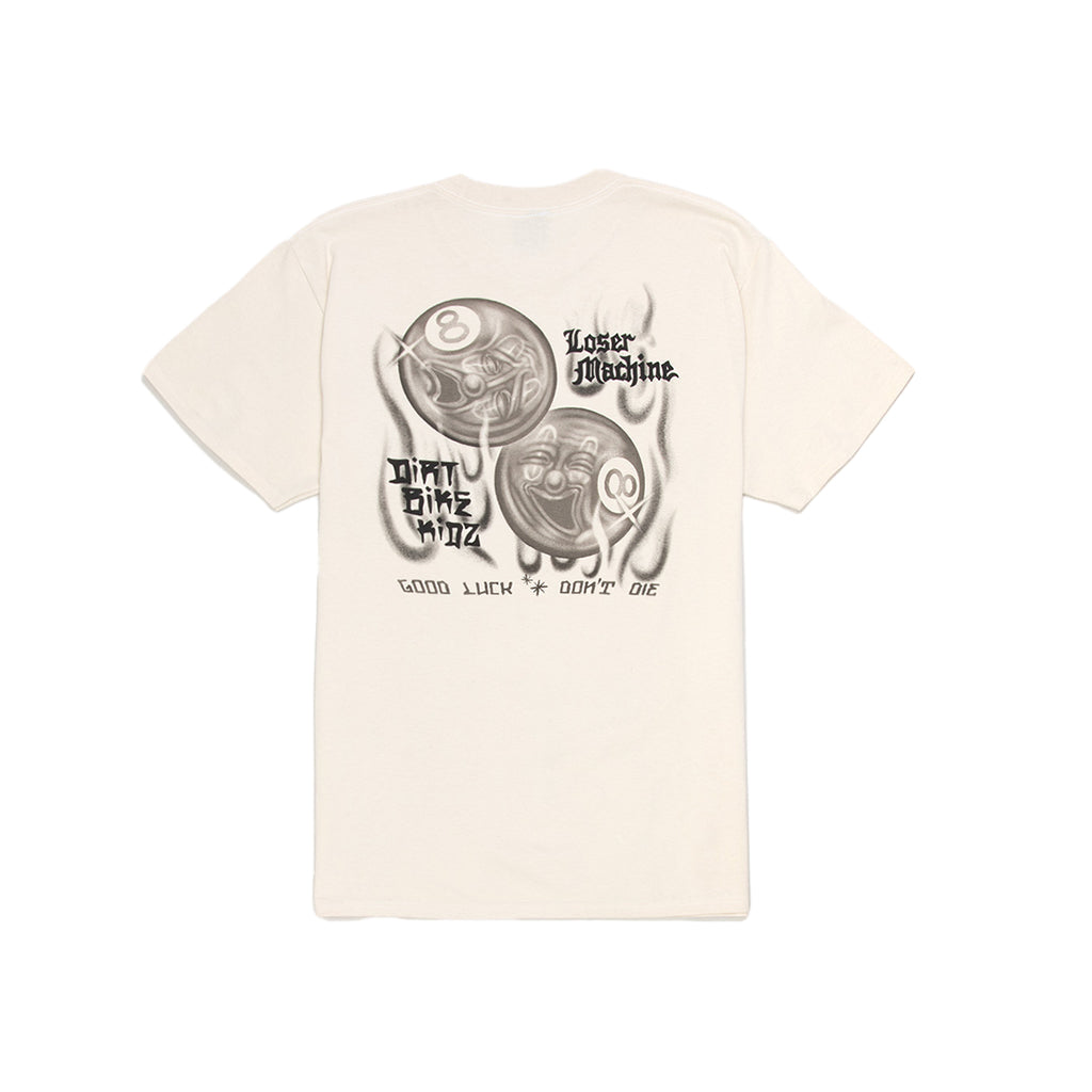 Beige t-shirt with two eight ball designs on the back on a white background