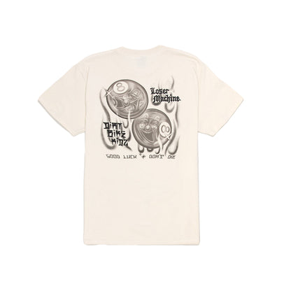 Beige t-shirt with two eight ball designs on the back on a white background