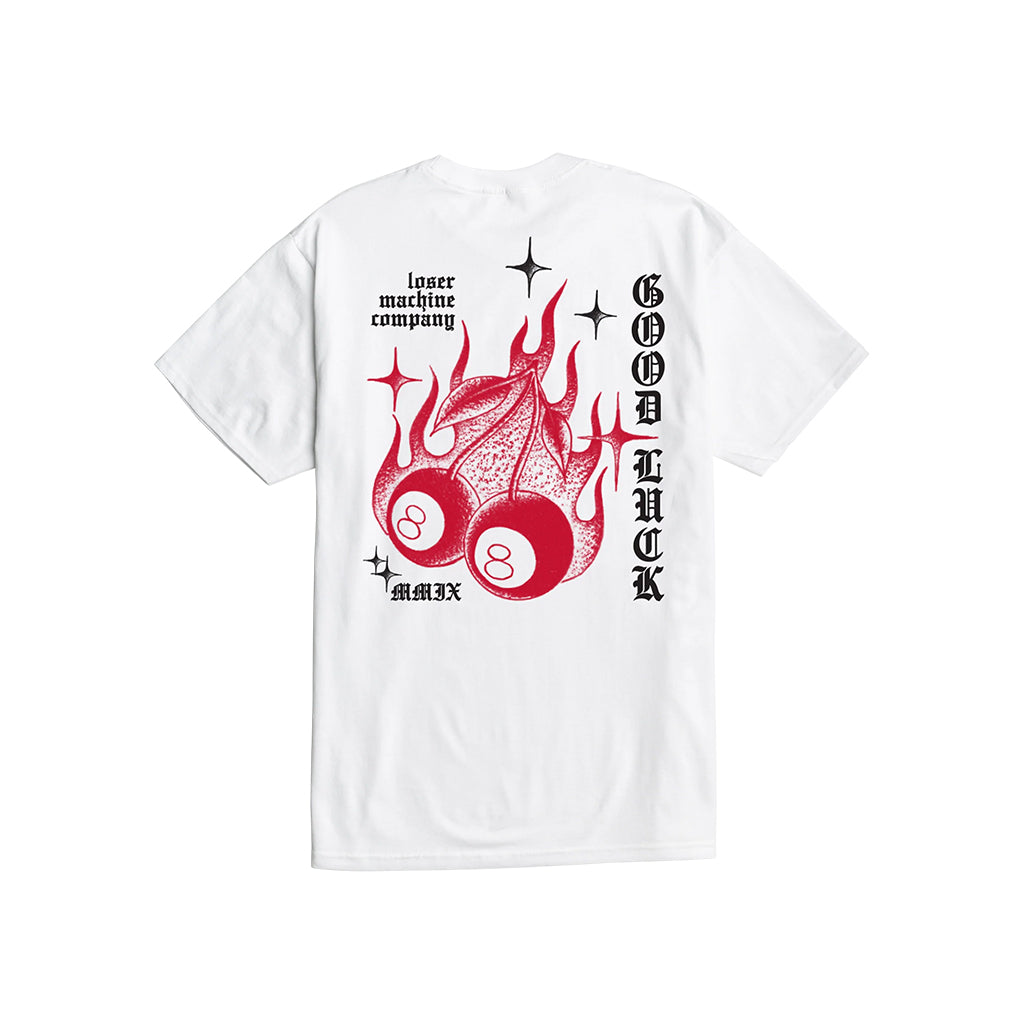 White t-shirt with red and black graphic design on a white background