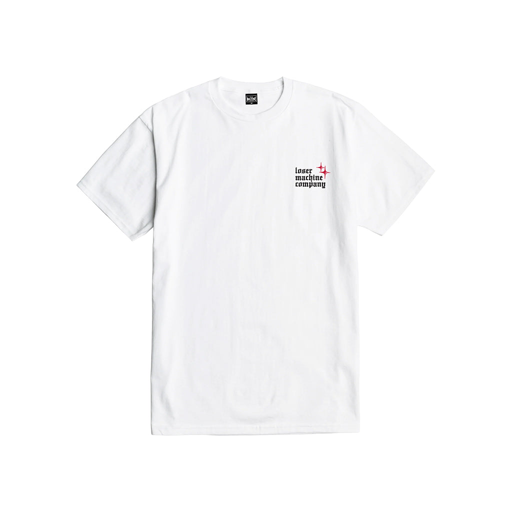 White t-shirt with a small logo on the chest against a white background