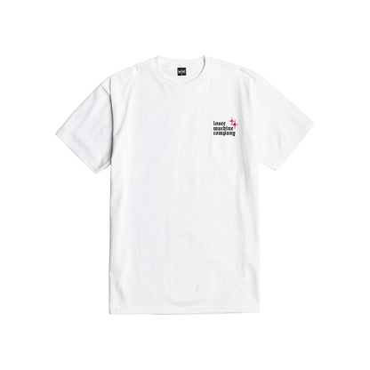 White t-shirt with a small logo on the chest against a white background